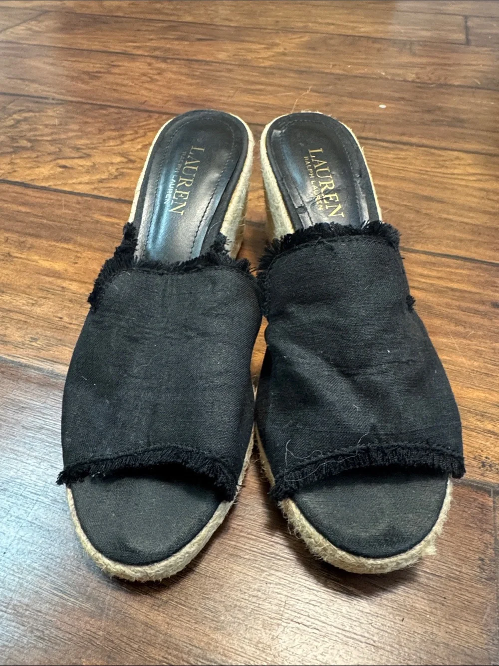 Lauren Ralph Lauren Carlynda Black Linen Espadrille Wedge Sandals 7.5 B